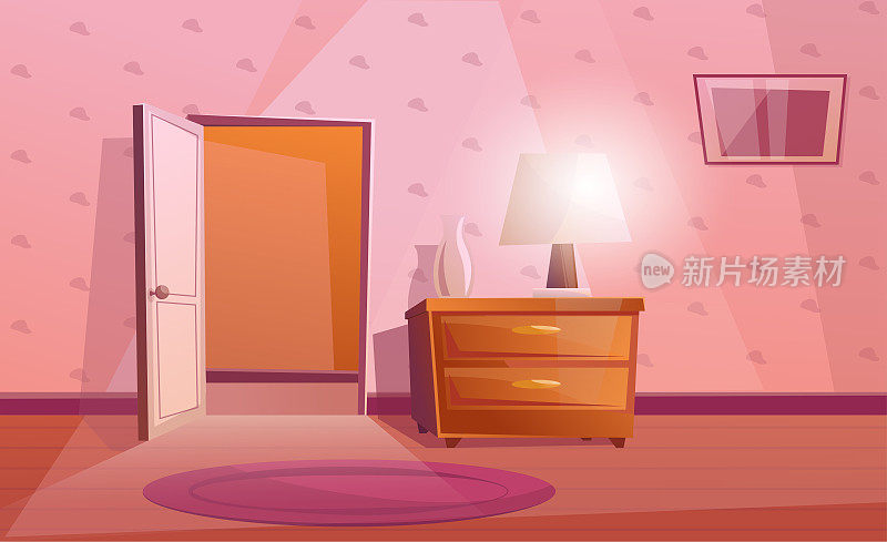 Room interior with open door, nightstand with the lamp and vase. Purple carpet on the floor. Textured Wallpaper with pictures on the wall. Cartoon room in pink color